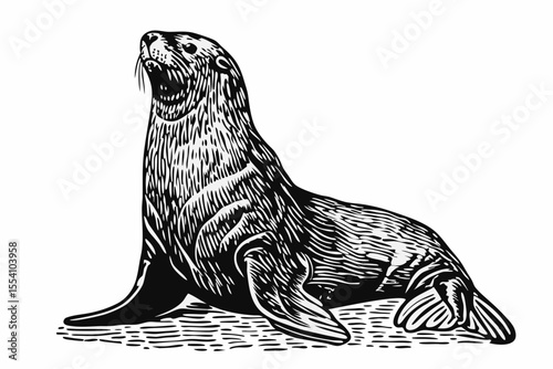 Woodcut illustration of a sea lion. Vintage grunge vector design element for artworks, poster, cards, web and collages.