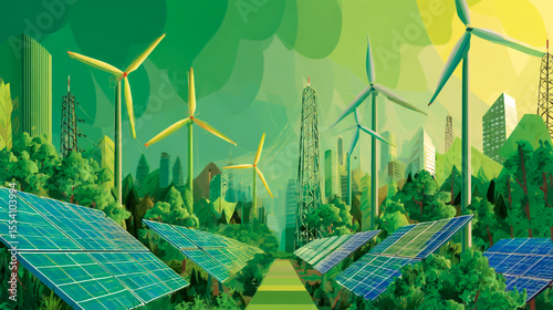 Renewable energy  background , with green energy as wind turbines and solar panels