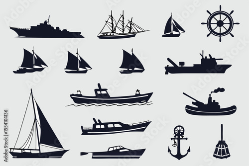 Sixteen Ship and Boat Silhouettes – Black Maritime Icon Set