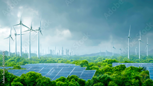 Renewable energy background with green energy , wind turbines and solar panels