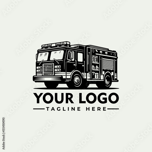 A black and white graphic of a fire engine with a space for a logo and tagline.
