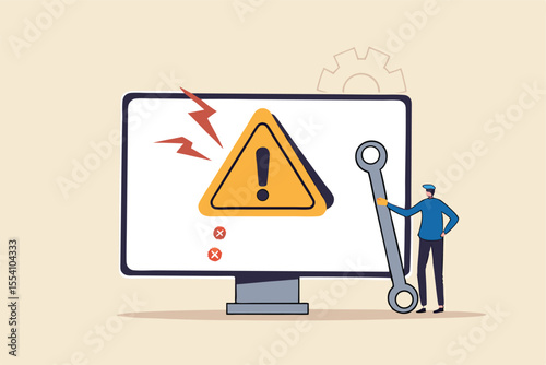 System error, software problem or system failure, security alert or hardware fault to be fixed, caution or maintenance concept, young technician holding wrench fix system failure message on computer.
