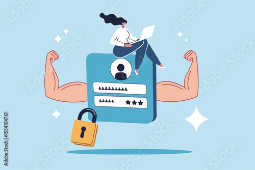 Strong password, security, safety or protection strength, firewall technology, privacy or digital defense system, secure access concept, businesswoman working with computer strong password protection.