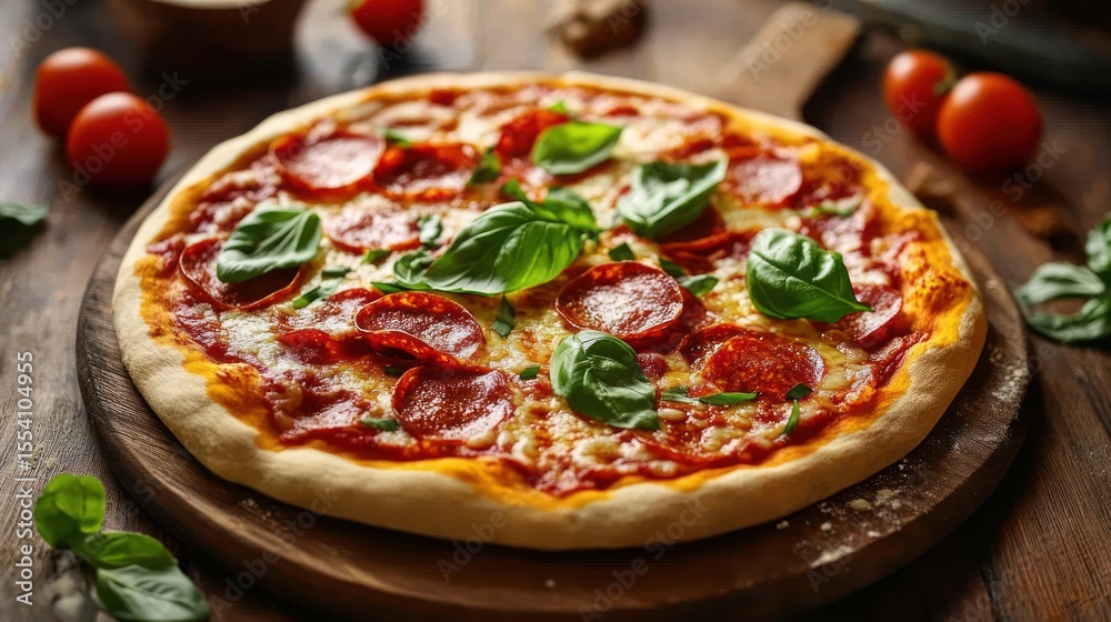 Delicious pepperoni pizza on wooden board Delicious pepperoni pizza on wooden board
