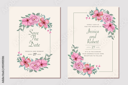 wedding invitation card with pink floral watercolor