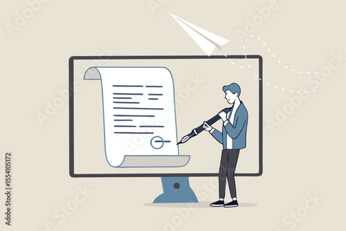 Digital signature or electronic agreement contact, online document signing, internet transaction identity, certified handwriting application concept, businessman signing digital signature on computer.