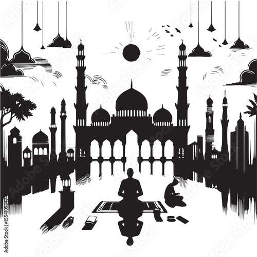 Black Morning prayer time Silhouette Vector, High Quality Illustration on White Background
