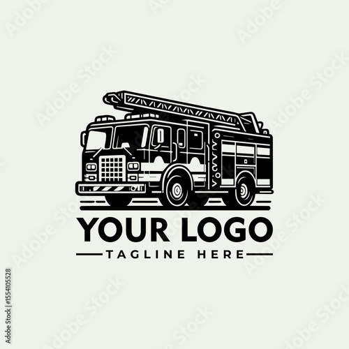 Detailed black and white illustration of a fire truck with extended ladder, ready for action.