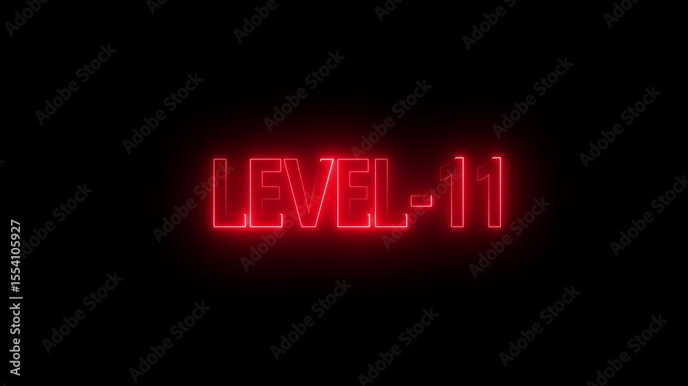 Glowing level-11 text with glitch effects animation. game concept next level icon isolated . Black background.