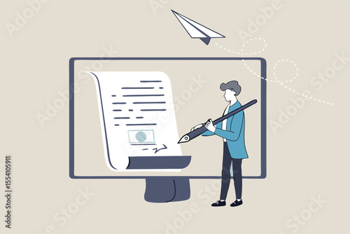 Digital signature or electronic agreement contact, online document signing, internet transaction identity, certified handwriting application concept, businessman signing digital signature on computer.