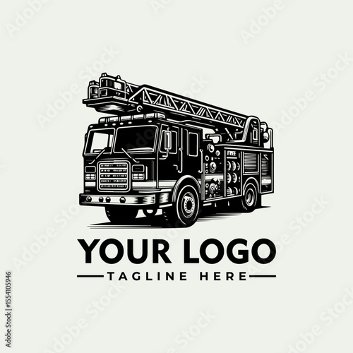 Detailed black and white illustration of a fire truck with extended ladder, ready for action.