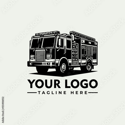 A detailed black and white illustration of a fire truck, shown in a side view with ladders on top.