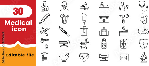 Healthcare and Medicine - Thin line vector icon set. Medical line icons set. Pixel perfect. Editable stroke. For Mobile and Web. The set contains icons: Healthcare And Medicine, 
