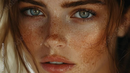 Close-up of a woman's face with freckles and dewy skin