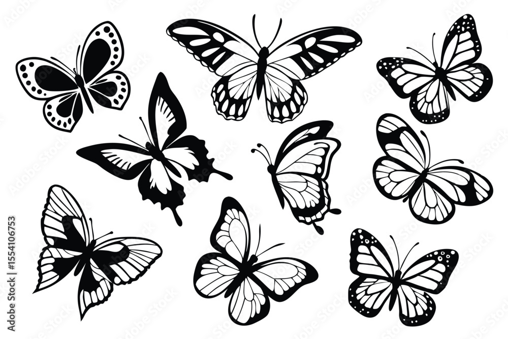 Obraz premium Minimal Butterfly Silhouettes – Nature-Inspired Black Vector Icons