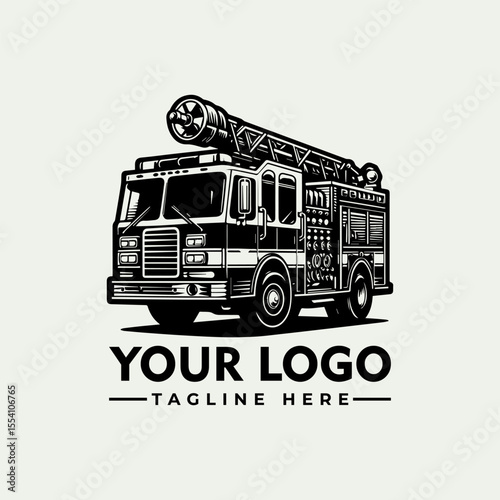 Detailed black and white illustration of a fire truck with extended ladder, ready for action.