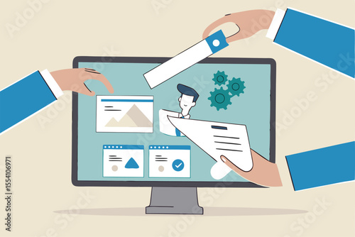 Digital signature or electronic agreement contact, online document signing, internet transaction identity, certified handwriting application concept, businessman signing digital signature on computer.