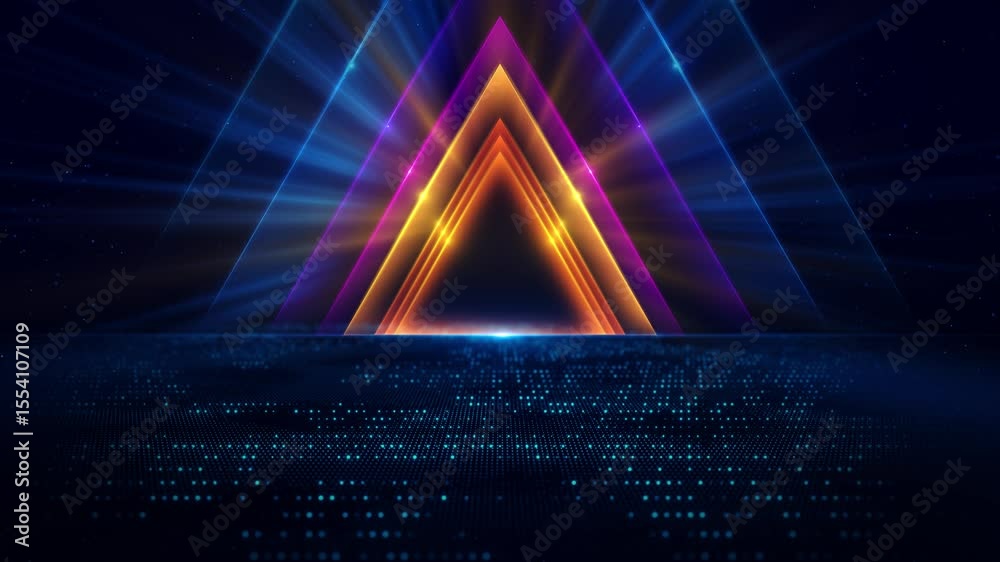 Sci-fi tunnel neon triangles stars wireframe milky way. Modern neon lighting. futuristic corridor triangles, stage, for product display, branding, presentations. dynamic 3D modern visual effect.