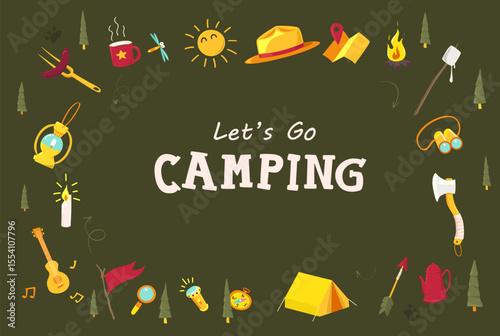 Wallpaper Mural Colorful cartoon camping icon set featuring tent fire Guitar tools and outdoor objects on dark green background for adventure and travel design Torontodigital.ca