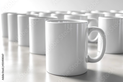 A close-up of a single white coffee mug among many in a minimalist setting