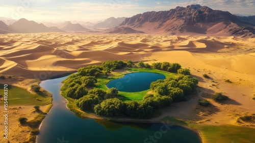 Emerald oasis nestled in golden dunes, aerial perspective reveals dramatic contrast between arid and lush landscapes