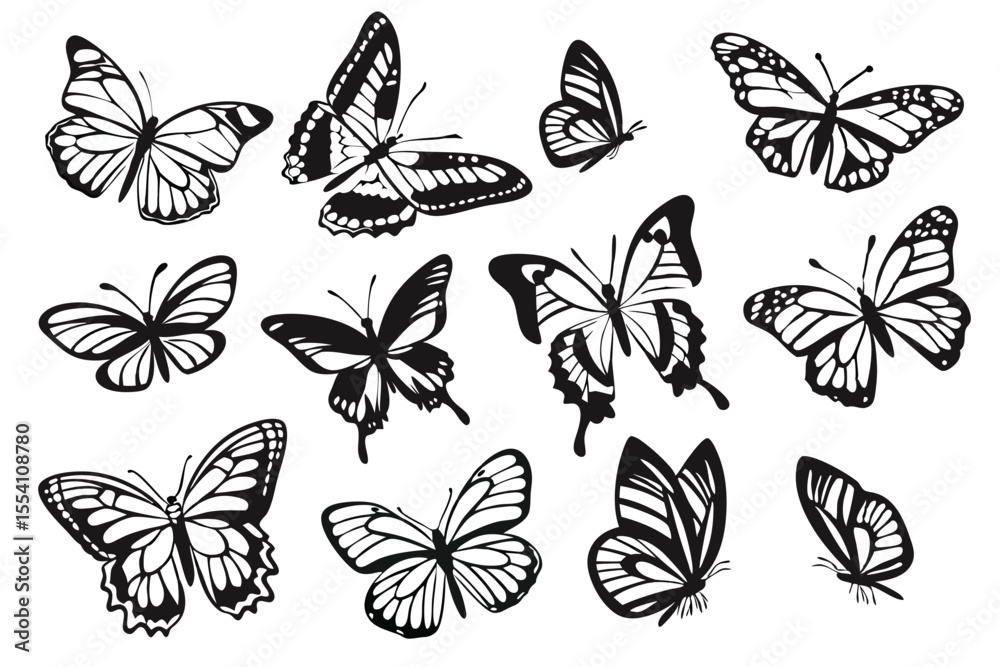 Fototapeta premium Black Butterfly Silhouettes Set – Vector Insect Collection