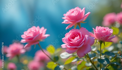 Close-up capturing the delicate beauty of several soft pink roses in full bloom during the daytime.