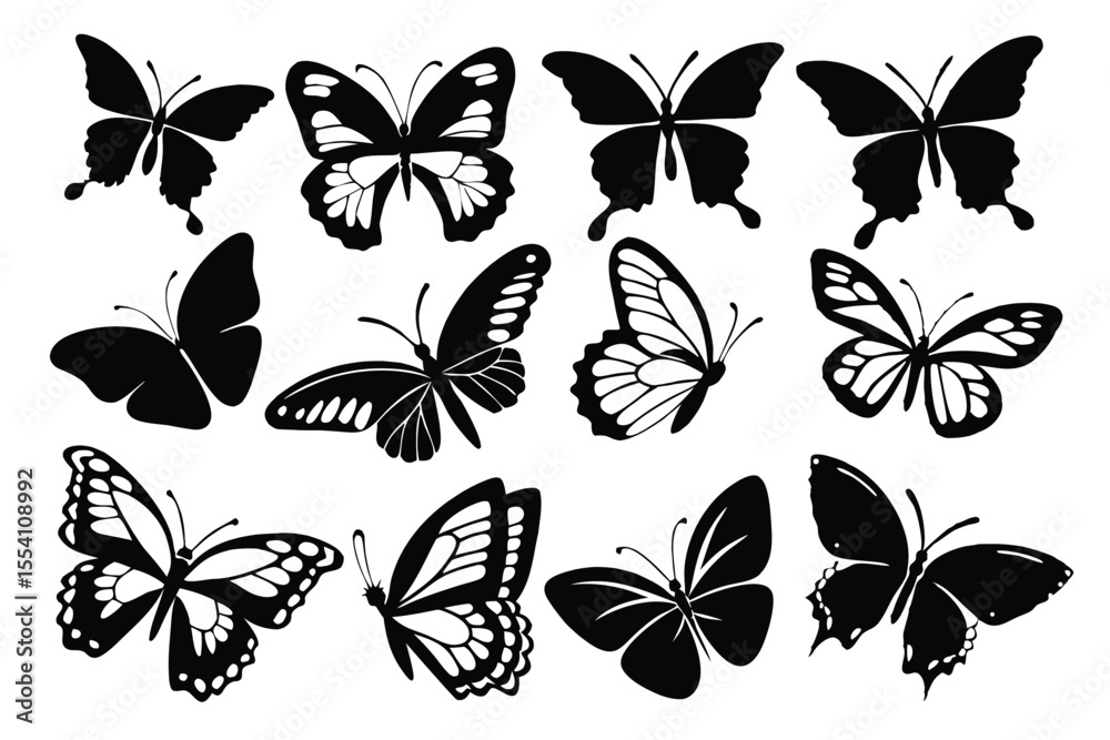 Fototapeta premium Black Butterfly Silhouettes Set – Vector Insect Collection