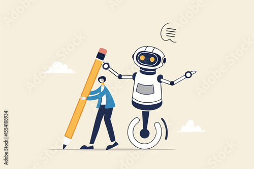 AI Artificial Intelligence work with human, robot or automation to help success, robot to replace human employment, job uncertainty concept, frustrated businessman working with pencil with AI robot.