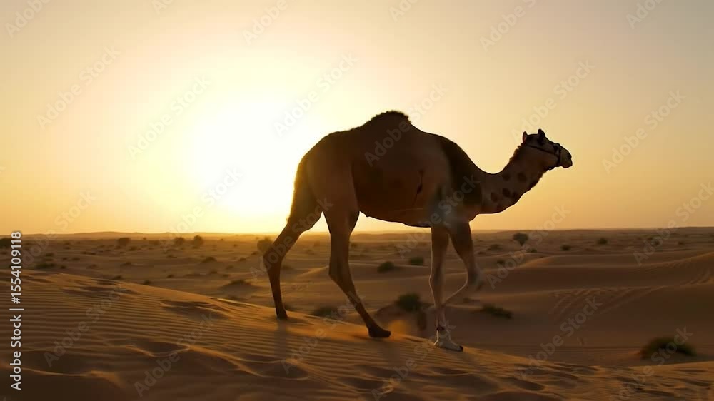 Majestic Camel Walking Across Desert Sands at Sunset - Cinematic Desert Journey Majestic Camel Walking Across Desert Sands at Sunset - Cinematic Desert Journey