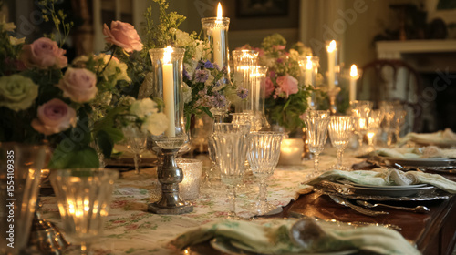Elegant English dining tables styled with flickering candlelight, floral centrepieces, crystal glassware and richly layered plates, capturing the warmth of evening gatherings at home, wedding or event