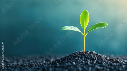 A young plant growing from a pile of soil on a green background. The plant has three leaves and is surrounded by dark soil.