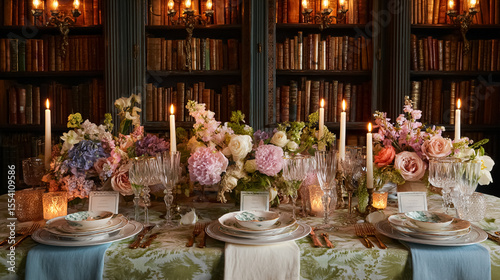 Elegant English dining tables styled with flickering candlelight, floral centrepieces, crystal glassware and richly layered plates, capturing the warmth of evening gatherings at home, wedding or event