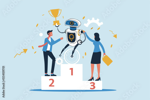 Robot Artificial intelligence winning, working together with AI, innovation to help success, AI to replace people in office work, AI robot winning holding champion trophy with human competition.
