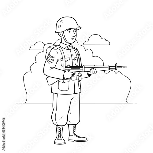 A soldier in uniform and helmet stands holding a rifle against a backdrop of clouds and bushes, insignia visible on sleeves.