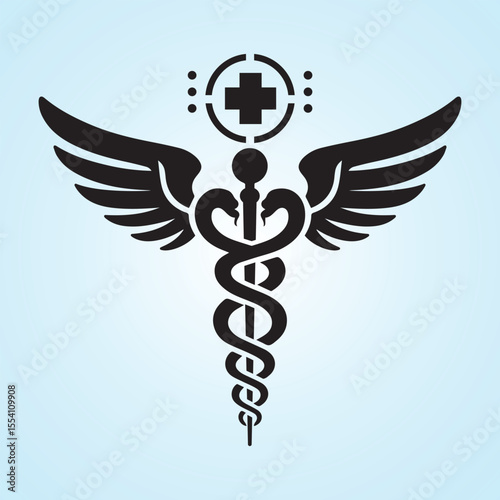Winged caduceus with cross and snakes, professional medical and healthcare symbol illustration, ai generated