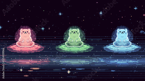 Pixel Art Wallpaper of Chubby Cats Meditating on Floating Lotus Planets in Space with Glowing Auras and Star Trails