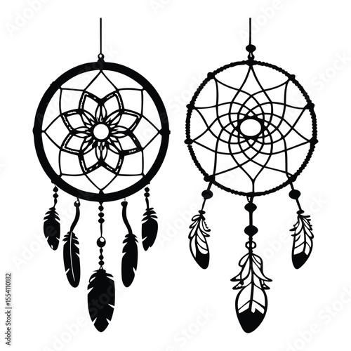 Intricate black and white illustrated dreamcatcher designs with feathers and geometric patterns isolated on a white background