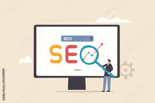 SEO Search Engine Optimization, website search result, advertising or marketing to boost web ranking or user discovery concept, businessman hold magnifying glass on SEO rising arrow search box.