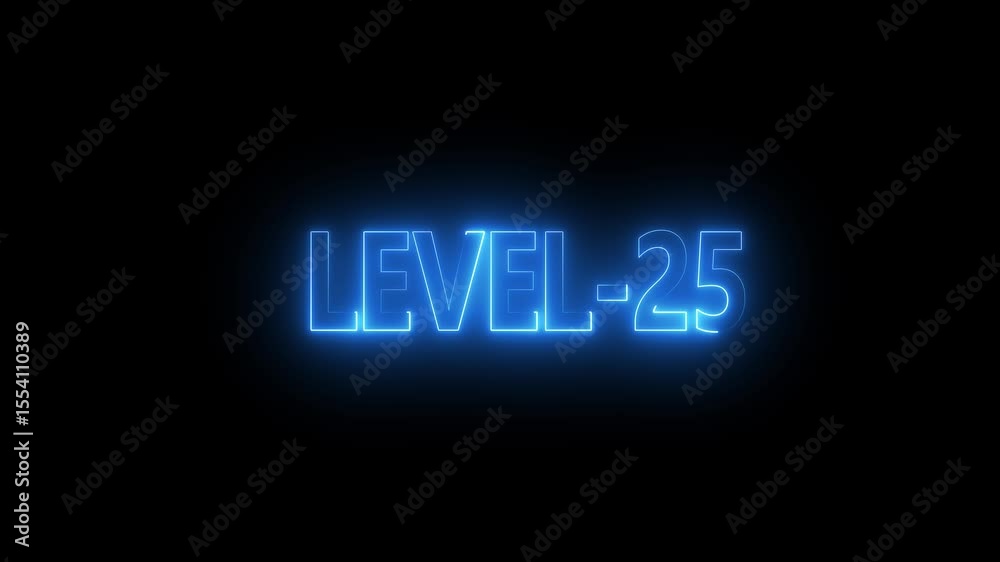 Glowing level-25 text with glitch effects animation. game concept next level icon isolated . Black background.