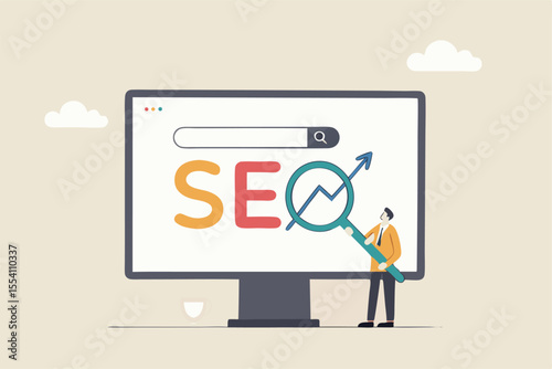 SEO Search Engine Optimization, website search result, advertising or marketing to boost web ranking or user discovery concept, businessman hold magnifying glass on SEO rising arrow search box.