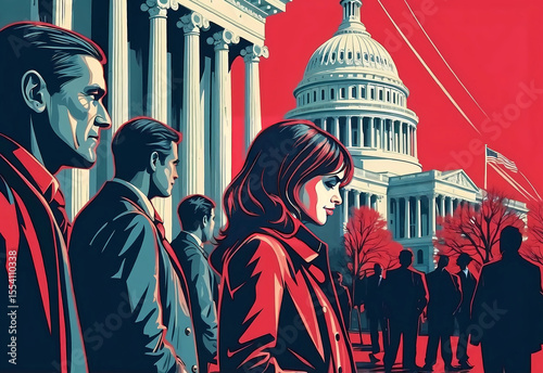 graphic poster style illustration of woman and others in Washington DC
