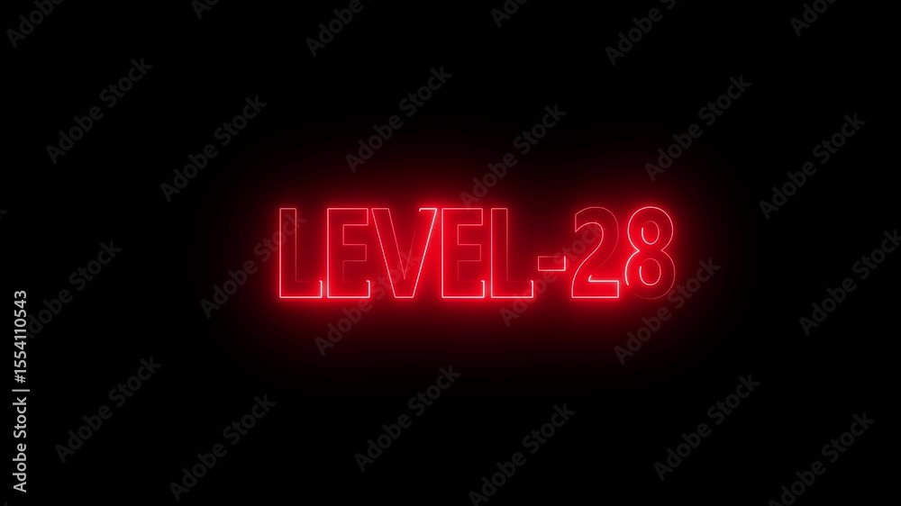Glowing level-28 text with glitch effects animation. game concept next level icon isolated . Black background.