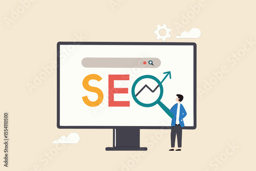 SEO Search Engine Optimization, website search result, advertising or marketing to boost web ranking or user discovery concept, businessman hold magnifying glass on SEO rising arrow search box.