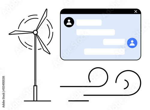 Wind turbine spinning with swirling wind and a digital chat interface. Ideal for innovation, communication, sustainability, green energy, technology, environmental focus, simple landing page