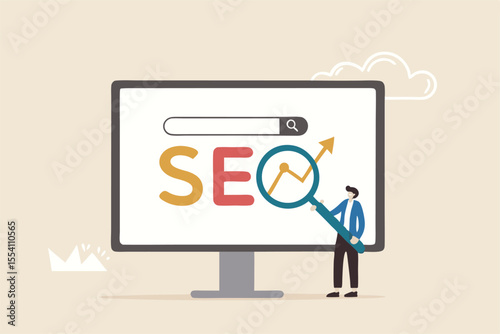 SEO Search Engine Optimization, website search result, advertising or marketing to boost web ranking or user discovery concept, businessman hold magnifying glass on SEO rising arrow search box.