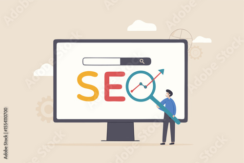 SEO Search Engine Optimization, website search result, advertising or marketing to boost web ranking or user discovery concept, businessman hold magnifying glass on SEO rising arrow search box.