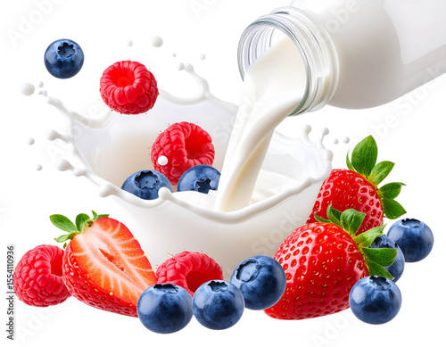  Fruit Yogurt Bottle with Splash and Fresh Berries, isolated on transparent background PNG