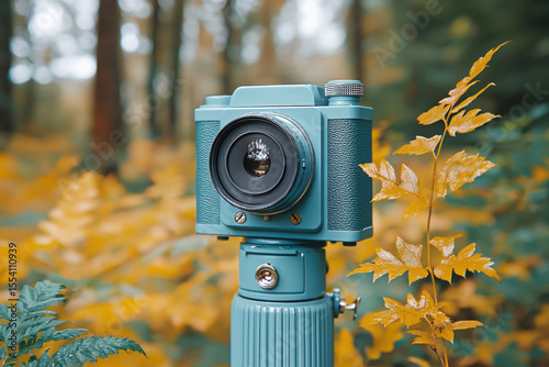 Camera in Autumnal Scene: A vintage-inspired camera, perched on a tripod, captures the vibrant hues of an autumn forest, Old fashioned lens reflex camera. Speed Camera Detector