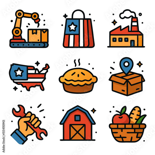 Made in USA icons display American manufacturing, agriculture, and commerce. Suitable for business presentations, websites, and marketing materials.